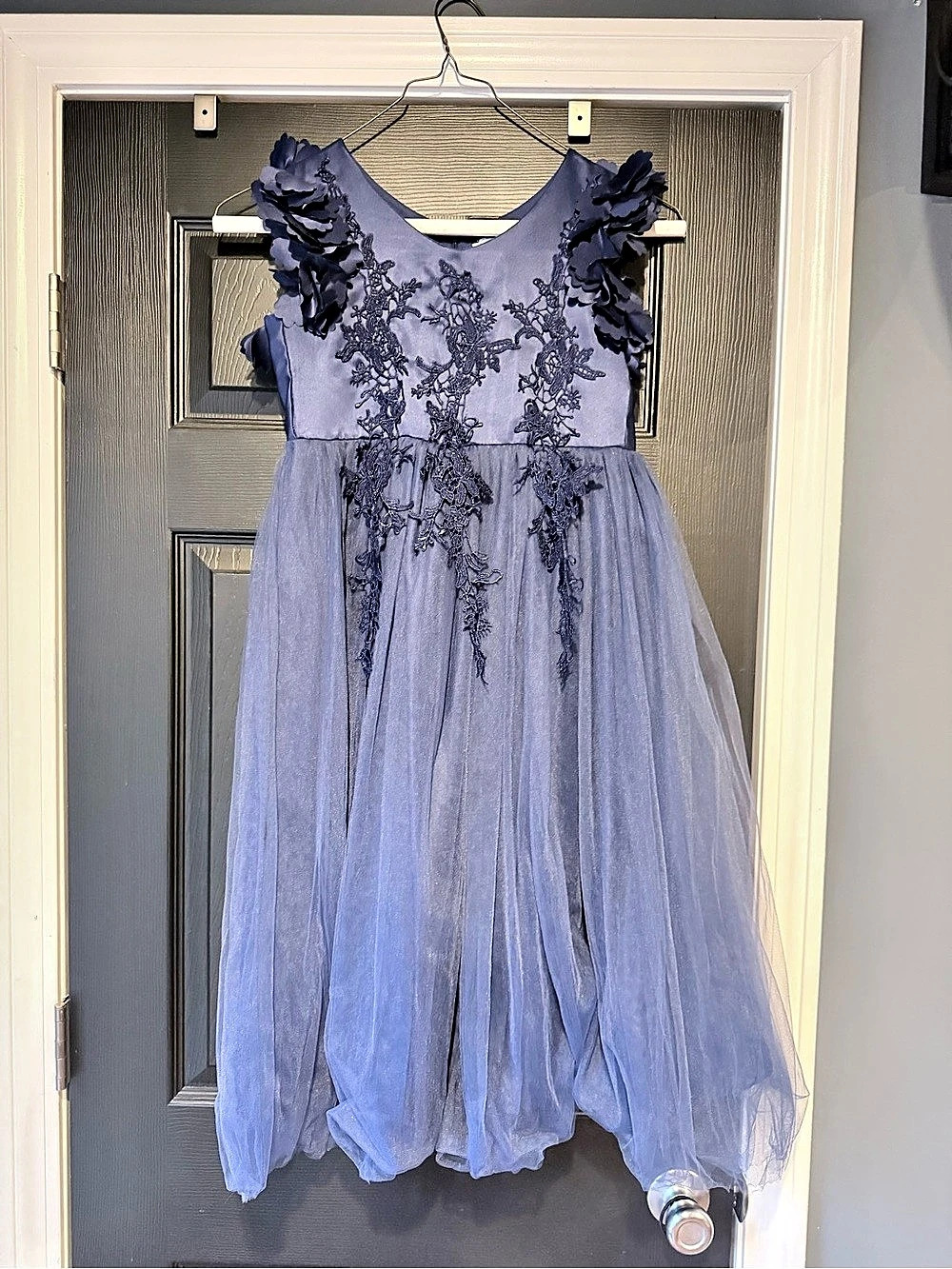 Just Couture Floral Appliqué Tulle Dress in Navy Like New